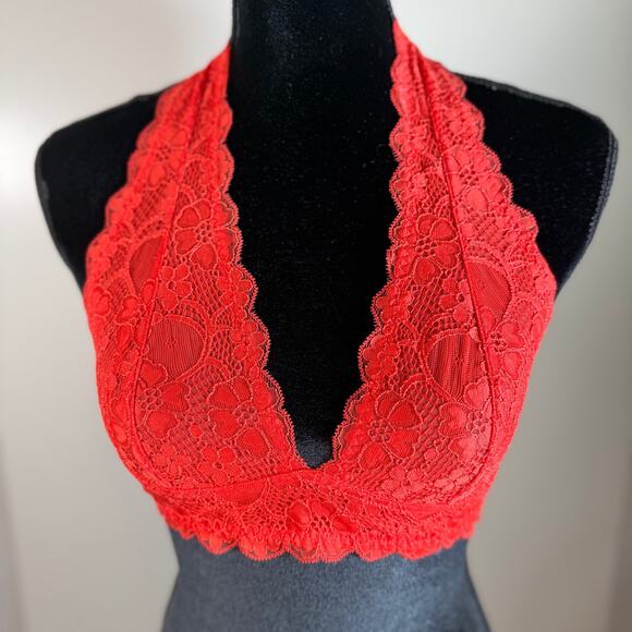 Intimately Free People Bralette Medium Red Lace Plunge Halter Longline Stretch - Picture 1 of 14